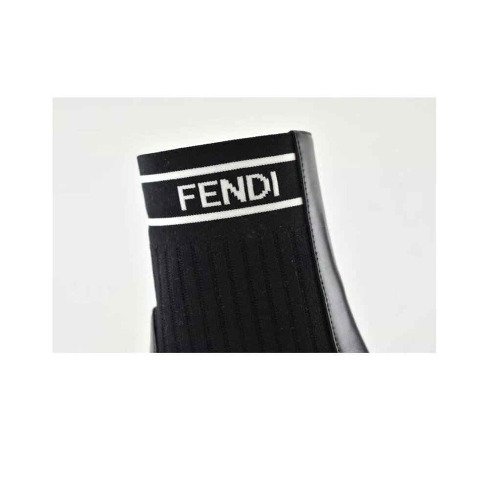 Fendi‎ Rockoko Black Leather Boots Stretch FF Logo Sock Ankle Kitten Heel EU 40 - Picture 2 of 7